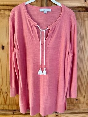 LOFT Coral Tassel Tie Knit Tunic
